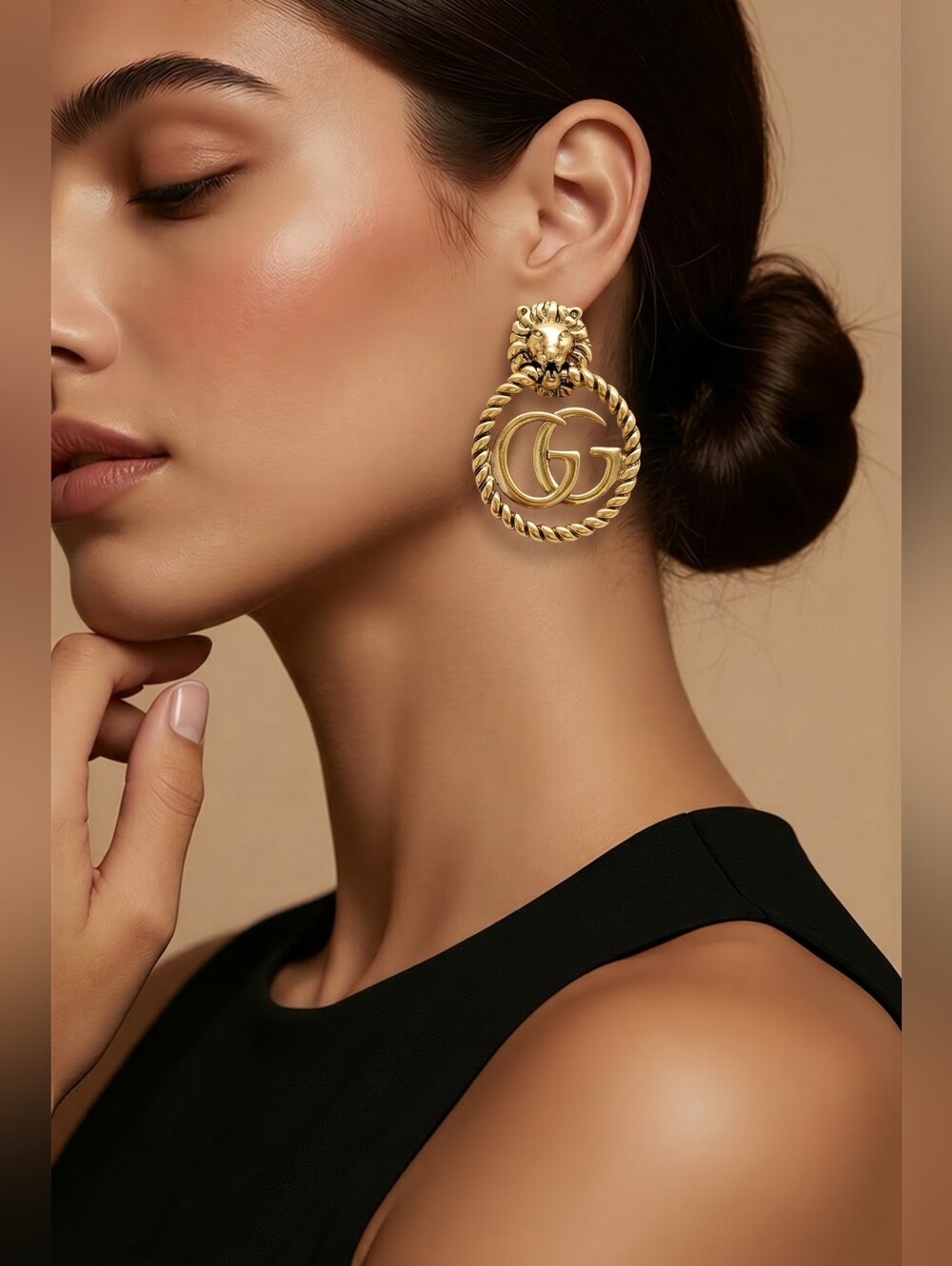 Gucci Gold-Tone Lion Head & Interlocking G Hoop Drop Earrings Vintage - Picture 9 of 9